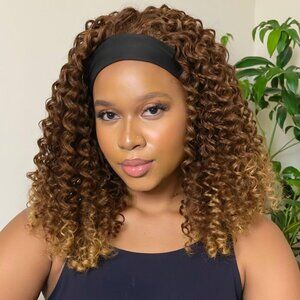 16 Inch Kinky Curly Headband Wig for Black Women Glueless Synthetic Half Wig wit